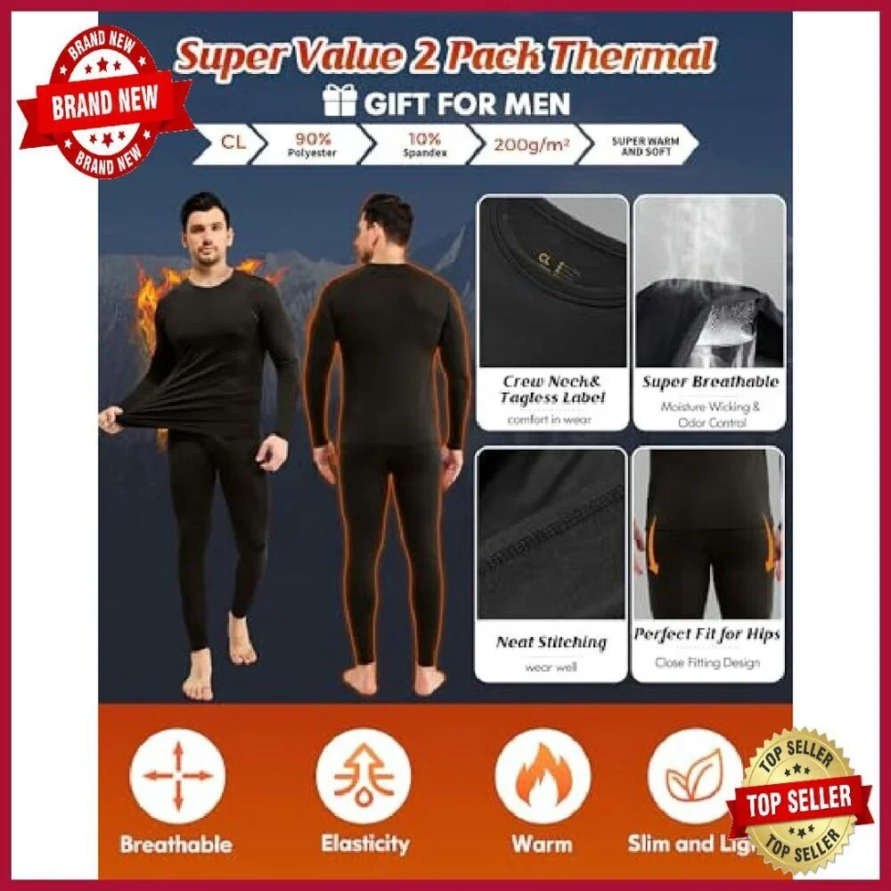 Men's Thermal Underwear Set Fleece Lined Base Layer Long Johns Top Bottom